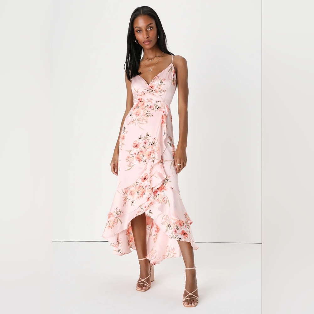 Lulu's Blush Pink Floral Satin Ruffled Midi Dress
